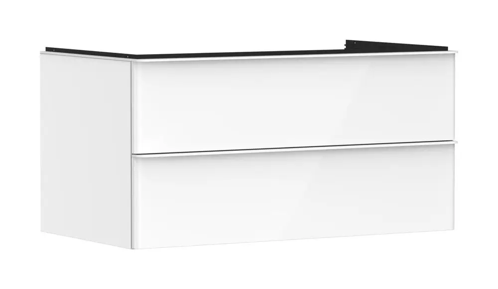 Weißer Waschtischunterschrank mit zwei Schubkästen von Hansgrohe, schlichtes Design, geeignet für Konsolen Aufsatzwaschtisch.